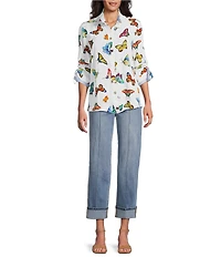 John Mark Butterfly Print Wire Collar 3/4 Sleeve Button Front Tunic
