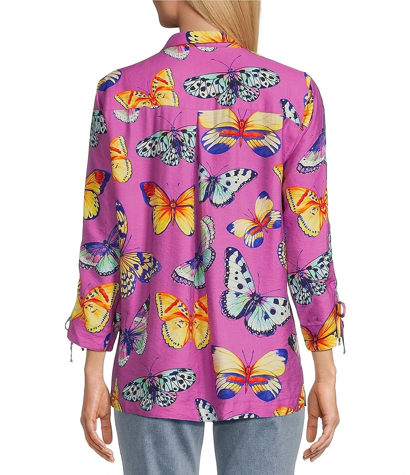 John Mark Butterfly Print Wire Collar Cinch Tie Sleeve Button Front Shirt