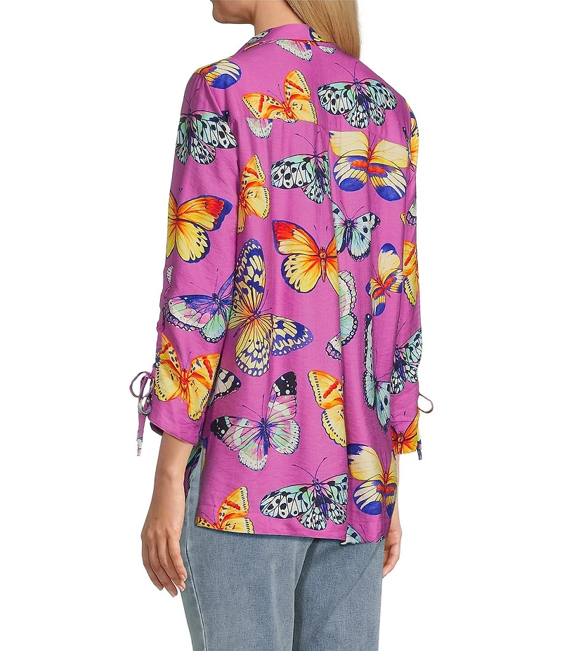 John Mark Butterfly Print Wire Collar Cinch Tie Sleeve Button Front Shirt