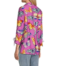 John Mark Butterfly Print Wire Collar Cinch Tie Sleeve Button Front Shirt