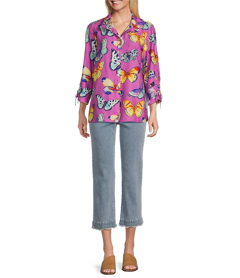 John Mark Butterfly Print Wire Collar Cinch Tie Sleeve Button Front Shirt