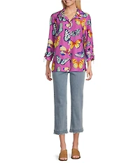 John Mark Butterfly Print Wire Collar Cinch Tie Sleeve Button Front Shirt