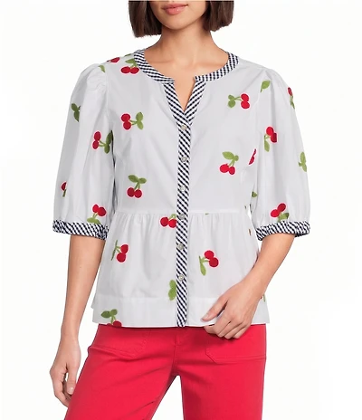 John Mark Cherry Embroidered Gingham Trim Split Round Neck 3/4 Puff Sleeve Peplum Top