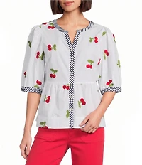 John Mark Cherry Embroidered Gingham Trim Split Round Neck 3/4 Puff Sleeve Peplum Top