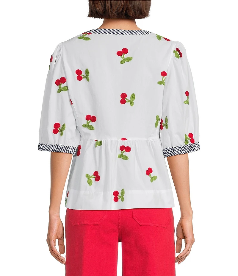 John Mark Cherry Embroidered Gingham Trim Split Round Neck 3/4 Puff Sleeve Peplum Top