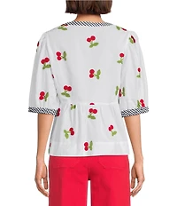John Mark Cherry Embroidered Gingham Trim Split Round Neck 3/4 Puff Sleeve Peplum Top