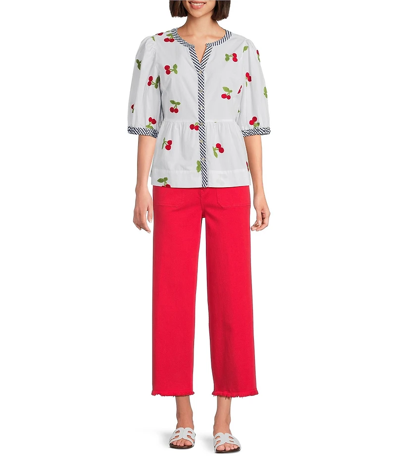 John Mark Cherry Embroidered Gingham Trim Split Round Neck 3/4 Puff Sleeve Peplum Top