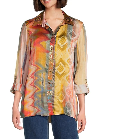 John Mark Chevron Tie-Dye Multi Print Point Collar Long Roll Tab Sleeve Button Front Blouse