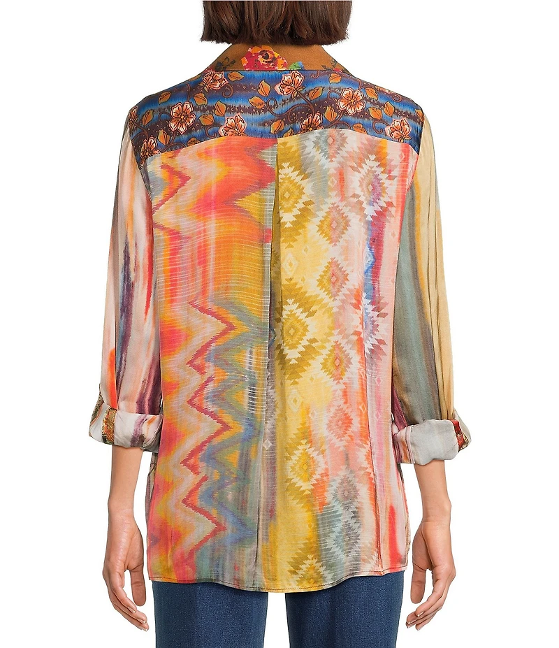 John Mark Chevron Tie-Dye Multi Print Point Collar Long Roll Tab Sleeve Button Front Blouse