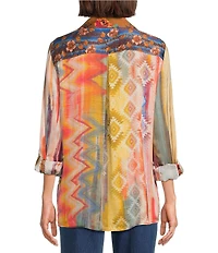 John Mark Chevron Tie-Dye Multi Print Point Collar Long Roll Tab Sleeve Button Front Blouse