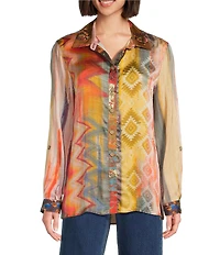 John Mark Chevron Tie-Dye Multi Print Point Collar Long Roll Tab Sleeve Button Front Blouse