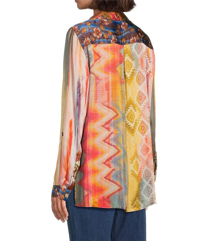John Mark Chevron Tie-Dye Multi Print Point Collar Long Roll Tab Sleeve Button Front Blouse