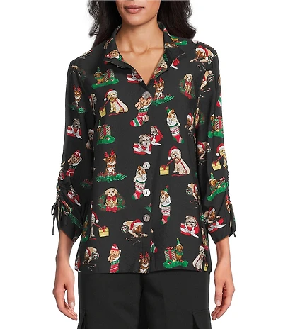 John Mark Christmas Novelty Dog Print Wire Collar 3/4 Cinched Tie Sleeve Button-Front Blouse