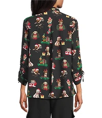 John Mark Christmas Novelty Dog Print Wire Collar 3/4 Cinched Tie Sleeve Button-Front Blouse