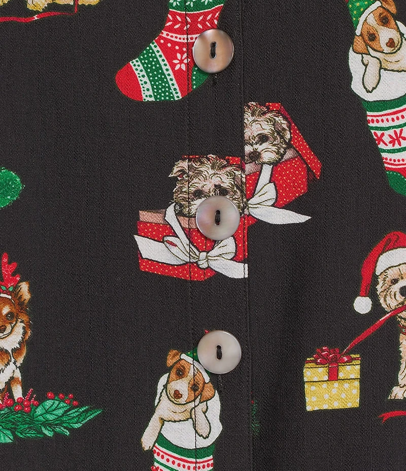 John Mark Christmas Novelty Dog Print Wire Collar 3/4 Cinched Tie Sleeve Button-Front Blouse