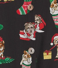 John Mark Christmas Novelty Dog Print Wire Collar 3/4 Cinched Tie Sleeve Button-Front Blouse