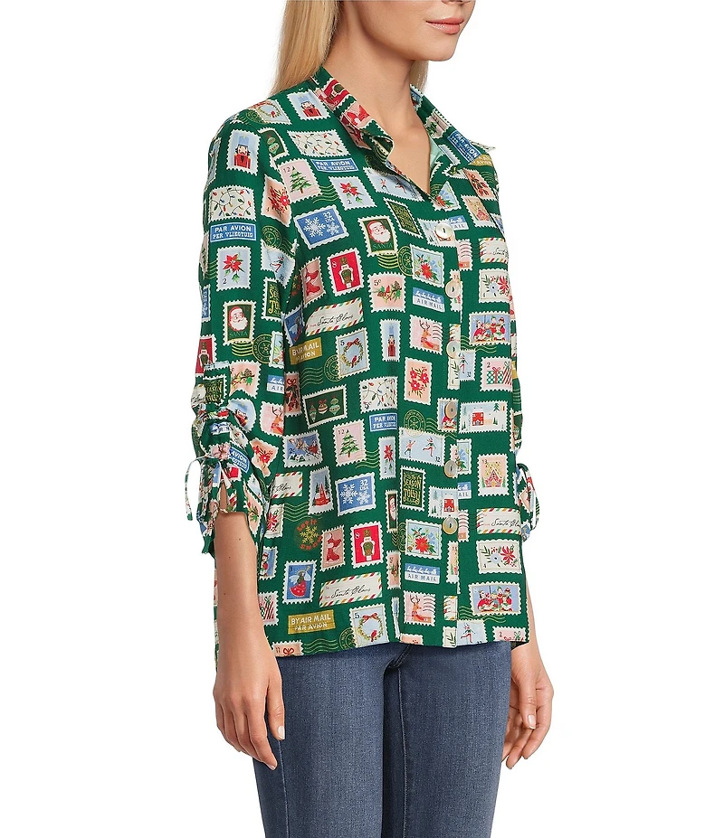 John Mark Christmas Novelty Stamp Print Wire Collar 3/4 Cinched Tie Sleeve Button Front Blouse