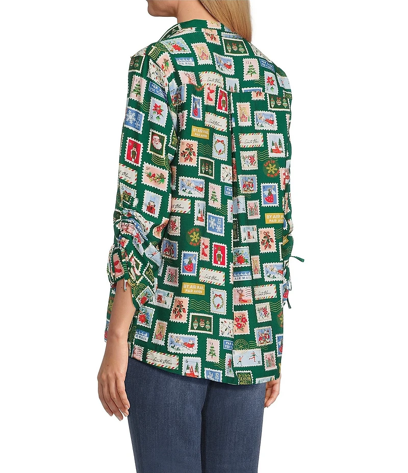 John Mark Christmas Novelty Stamp Print Wire Collar 3/4 Cinched Tie Sleeve Button Front Blouse