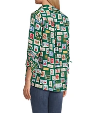 John Mark Christmas Novelty Stamp Print Wire Collar 3/4 Cinched Tie Sleeve Button Front Blouse