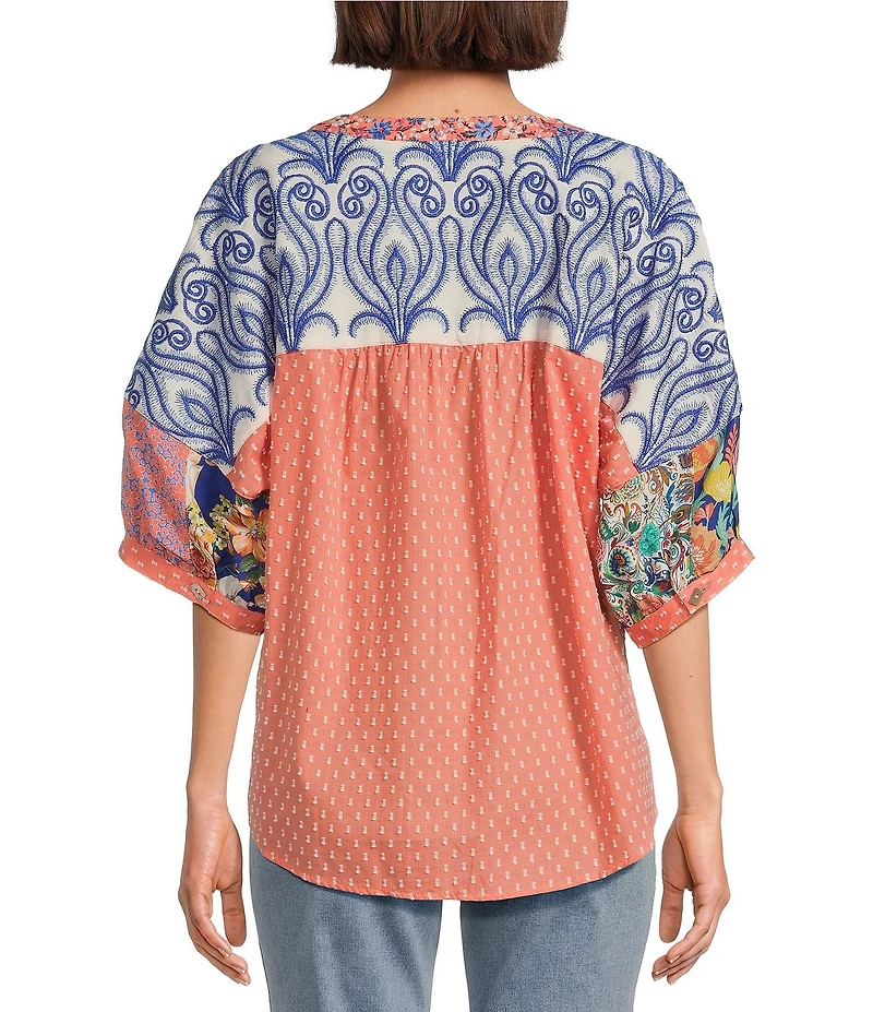 John Mark Clip Dot Embroidered Mix Print Dolman Sleeve Button Front Shirt