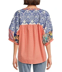 John Mark Clip Dot Embroidered Mix Print Dolman Sleeve Button Front Shirt