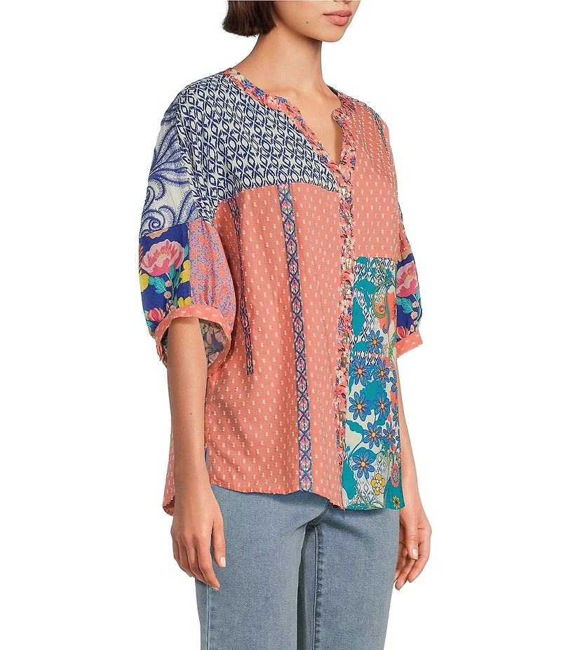John Mark Clip Dot Embroidered Mix Print Dolman Sleeve Button Front Shirt