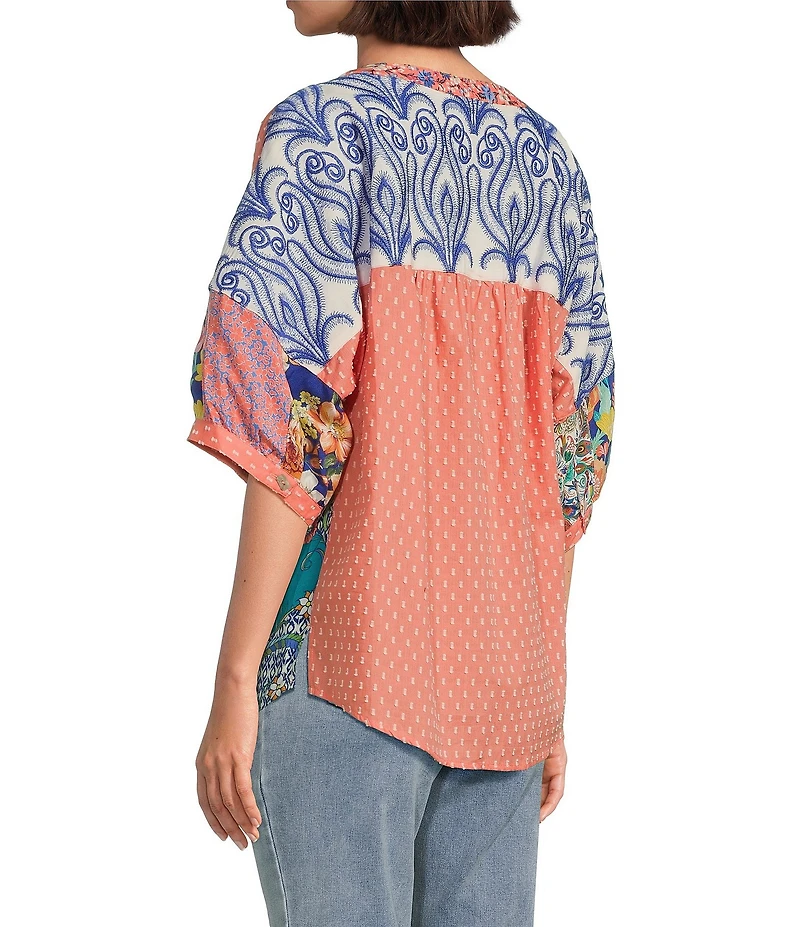 John Mark Clip Dot Embroidered Mix Print Dolman Sleeve Button Front Shirt