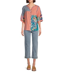 John Mark Clip Dot Embroidered Mix Print Dolman Sleeve Button Front Shirt