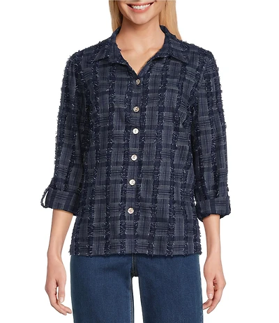 John Mark Clipped Jacquard Fringe Point Collar Long Roll-Tab Sleeve Button-Front Top