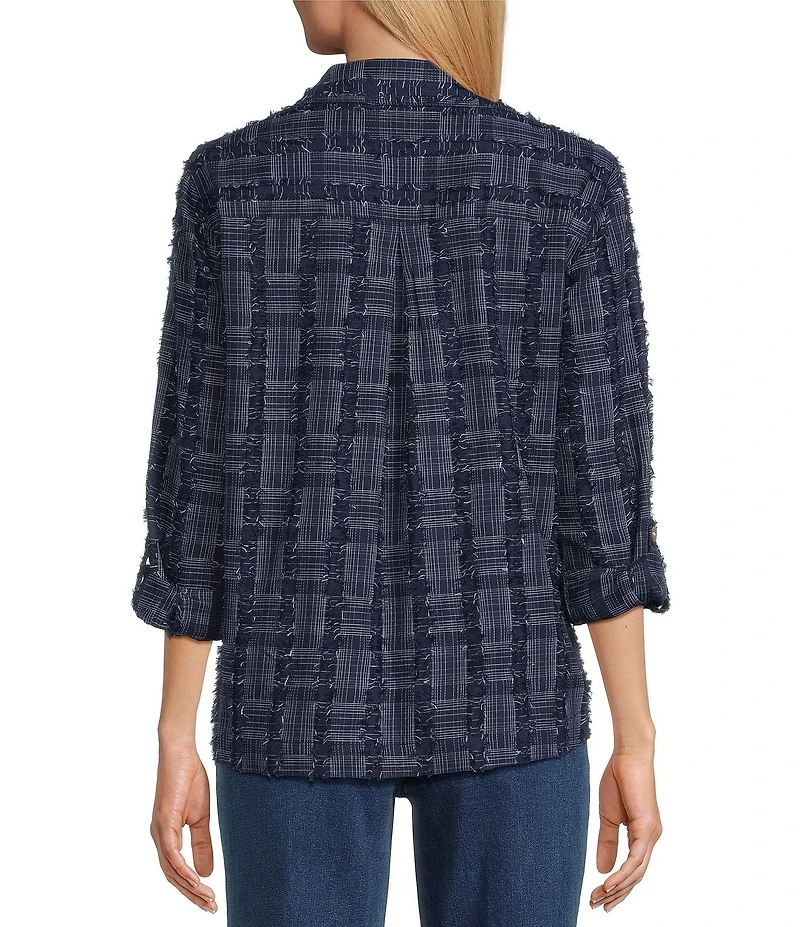 John Mark Clipped Jacquard Fringe Point Collar Long Roll-Tab Sleeve Button-Front Top