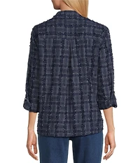 John Mark Clipped Jacquard Fringe Point Collar Long Roll-Tab Sleeve Button-Front Top