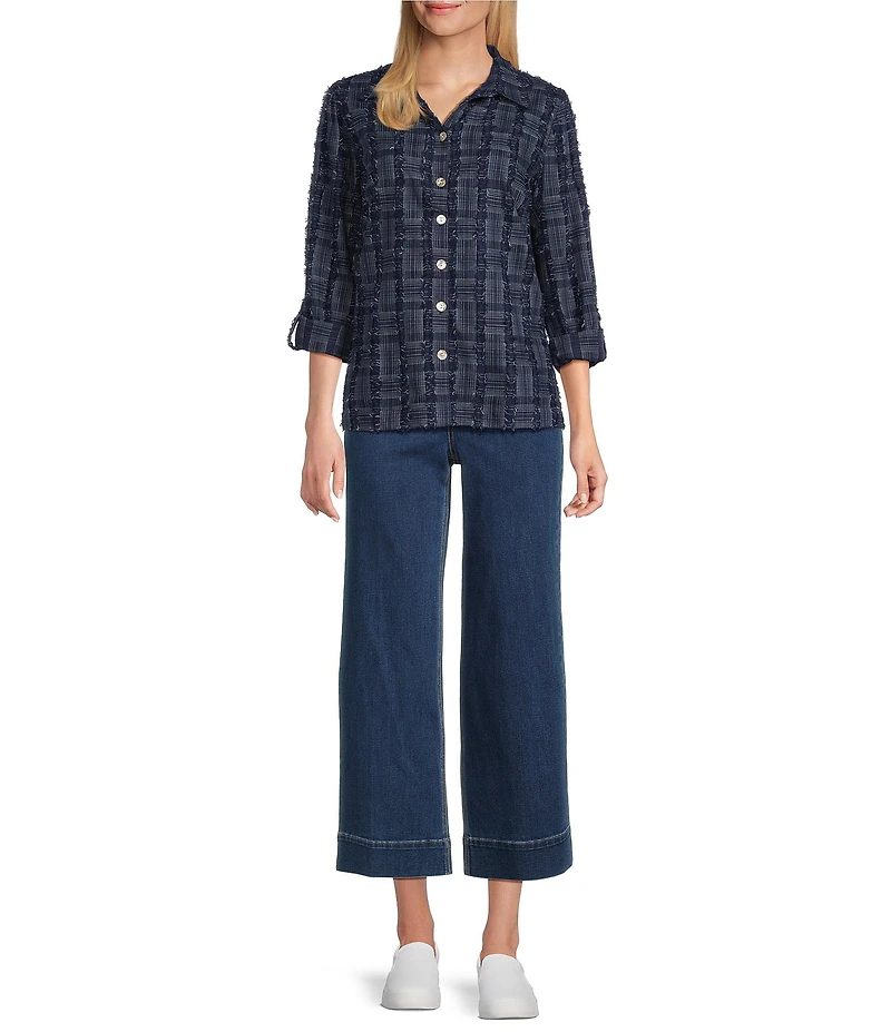 John Mark Clipped Jacquard Fringe Point Collar Long Roll-Tab Sleeve Button-Front Top