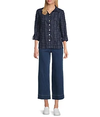 John Mark Clipped Jacquard Fringe Point Collar Long Roll-Tab Sleeve Button-Front Top
