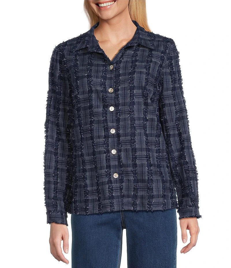 John Mark Clipped Jacquard Fringe Point Collar Long Roll-Tab Sleeve Button-Front Top