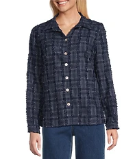 John Mark Clipped Jacquard Fringe Point Collar Long Roll-Tab Sleeve Button-Front Top