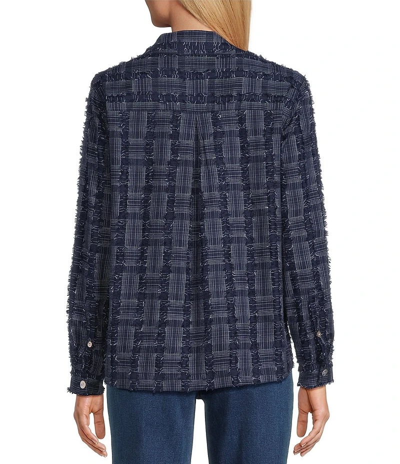 John Mark Clipped Jacquard Fringe Point Collar Long Roll-Tab Sleeve Button-Front Top