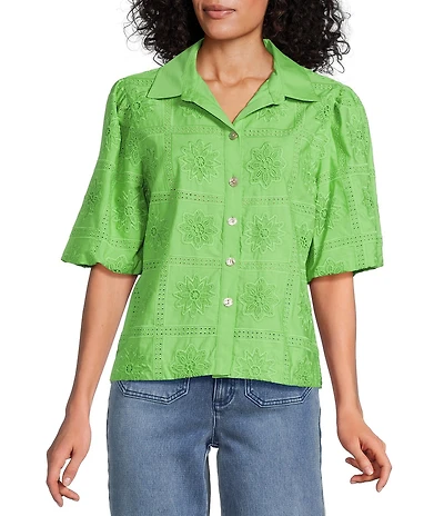 John Mark Coordinating Windowpane Floral Eyelet Embroidered Point Collar Short Puff Sleeve Button-Front Shirt