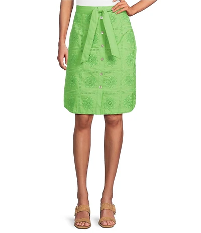 John Mark Coordinating Windowpane Floral Eyelet Embroidered Tie Front Flared Midi Skirt