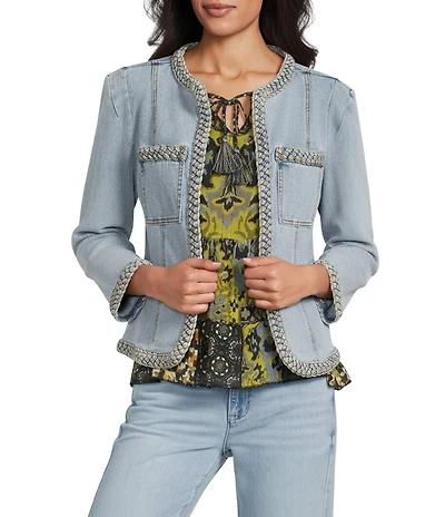 John Mark Denim Braided Trim Round Neck Long Sleeve Open Front Jacket