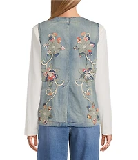 John Mark Denim Floral Applique Embroidered V-Neck Sleeveless Button Front Vest