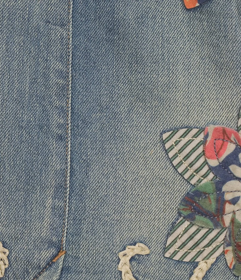 John Mark Denim Floral Applique Embroidered V-Neck Sleeveless Button Front Vest