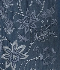 John Mark Denim Floral Embroider Split V-Neck 3/4 Sleeve Shift Midi Dress