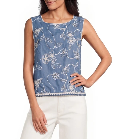 John Mark Denim Floral Embroidered Crochet Trim Scoop Neck Sleeveless Tie-back Top