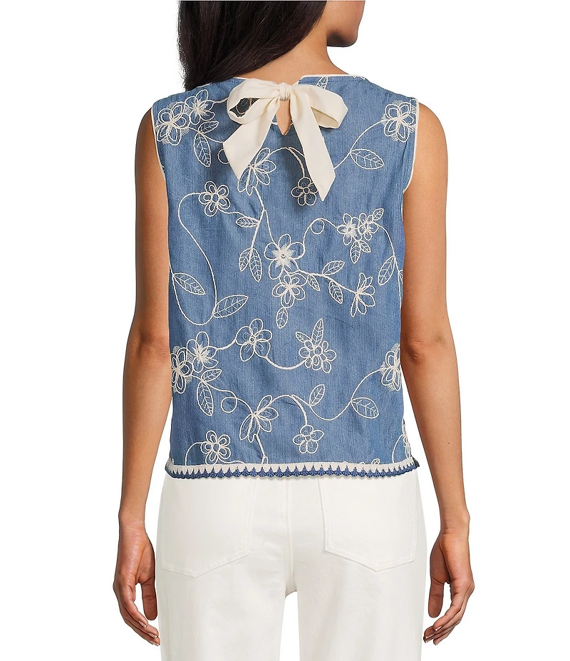 John Mark Denim Floral Embroidered Crochet Trim Scoop Neck Sleeveless Tie-back Top