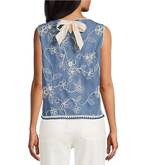 John Mark Denim Floral Embroidered Crochet Trim Scoop Neck Sleeveless Tie-back Top