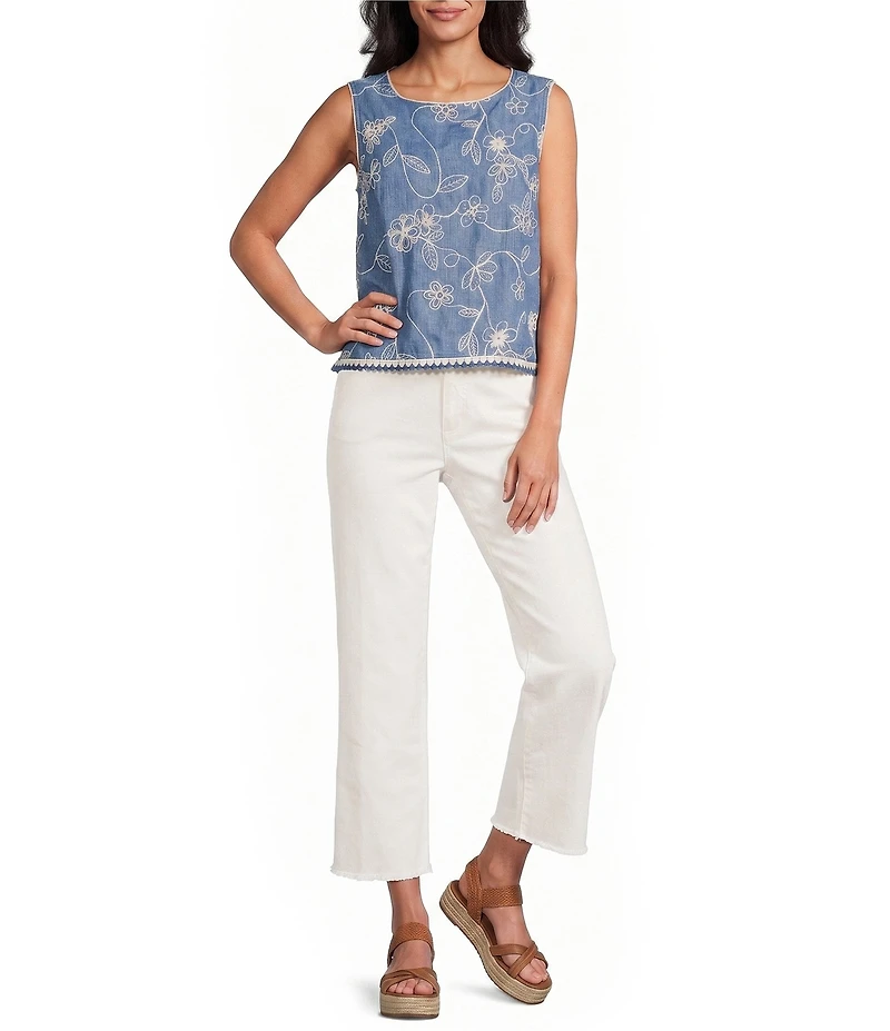 John Mark Denim Floral Embroidered Crochet Trim Scoop Neck Sleeveless Tie-back Top