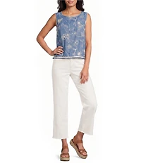 John Mark Denim Floral Embroidered Crochet Trim Scoop Neck Sleeveless Tie-back Top