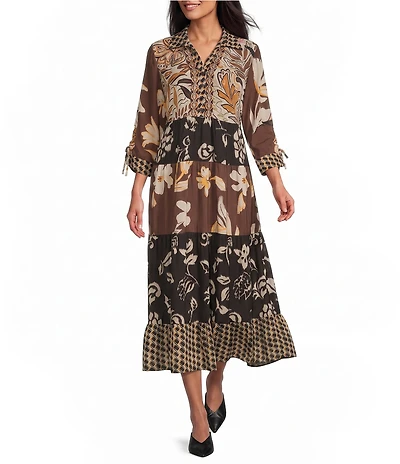 John Mark Mixed Floral Abstract Print Embroidered Collared Y-Neck 3/4 Cinched Sleeve Midi Shirt Dress