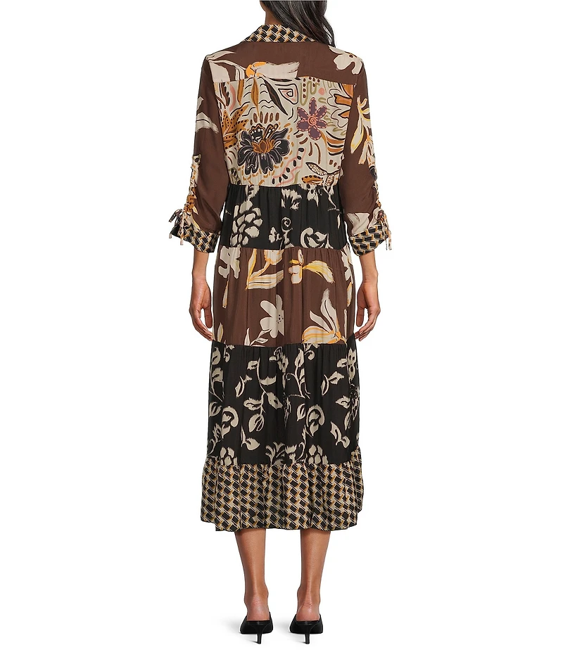 John Mark Mixed Floral Abstract Print Embroidered Collared Y-Neck 3/4 Cinched Sleeve Midi Shirt Dress