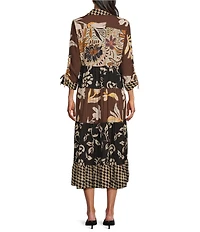 John Mark Mixed Floral Abstract Print Embroidered Collared Y-Neck 3/4 Cinched Sleeve Midi Shirt Dress